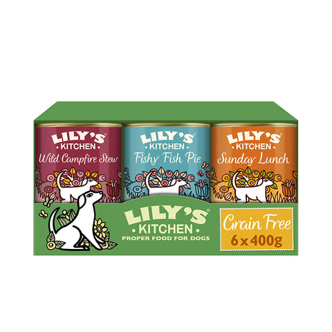 Lily's Kitchen Adult Grain Free Recipes 6 x 400g tins (Wild Campfire Stew, Fishy Fish Pie, Sunday Lunch) Multipack Dog Food