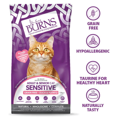 Burns Sensitive & Grain Free Sensitive Adult/Senior Cat Food Duck and Potato 1.5kg