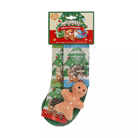 Meowee! Xmas Stocking for Cats - Meaty Treats & Cute Gingerbread Man Toy