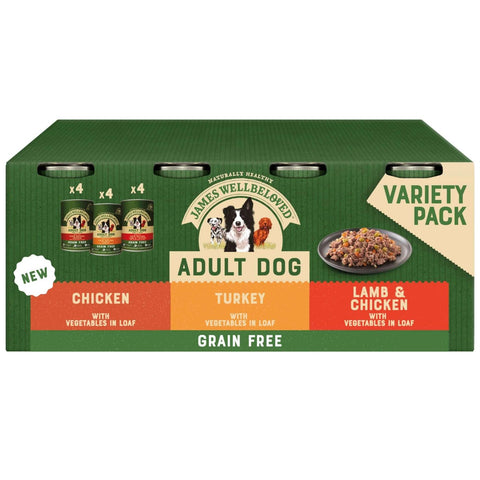 James Wellbeloved Adult Turkey, Lamb and Chicken in Loaf Grain Free Wet Dog Food 12x 400g tins